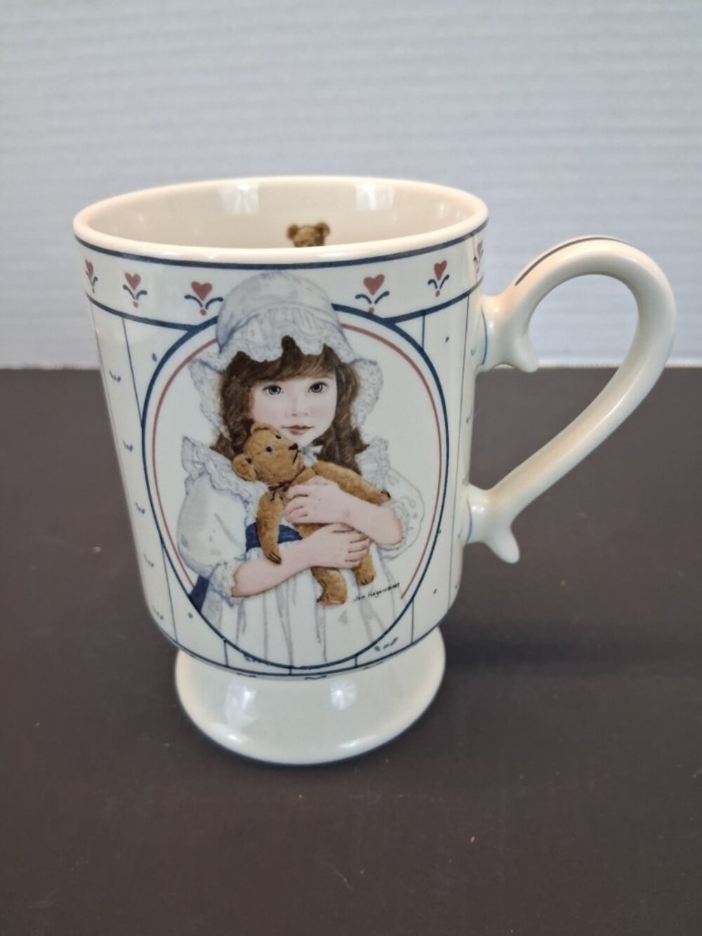 Jan Hagara Cristina Pedestal Mug Teddy Bear Girl 1985 Japan 6 oz. Porcelain VTG
